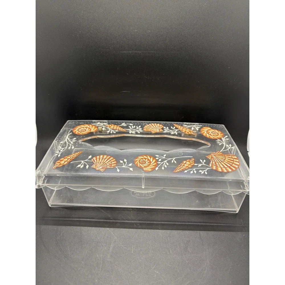 Wolff Tissue Box Holder Cover Clear‎ Lucite Acrylic Plastic Peach Seashells